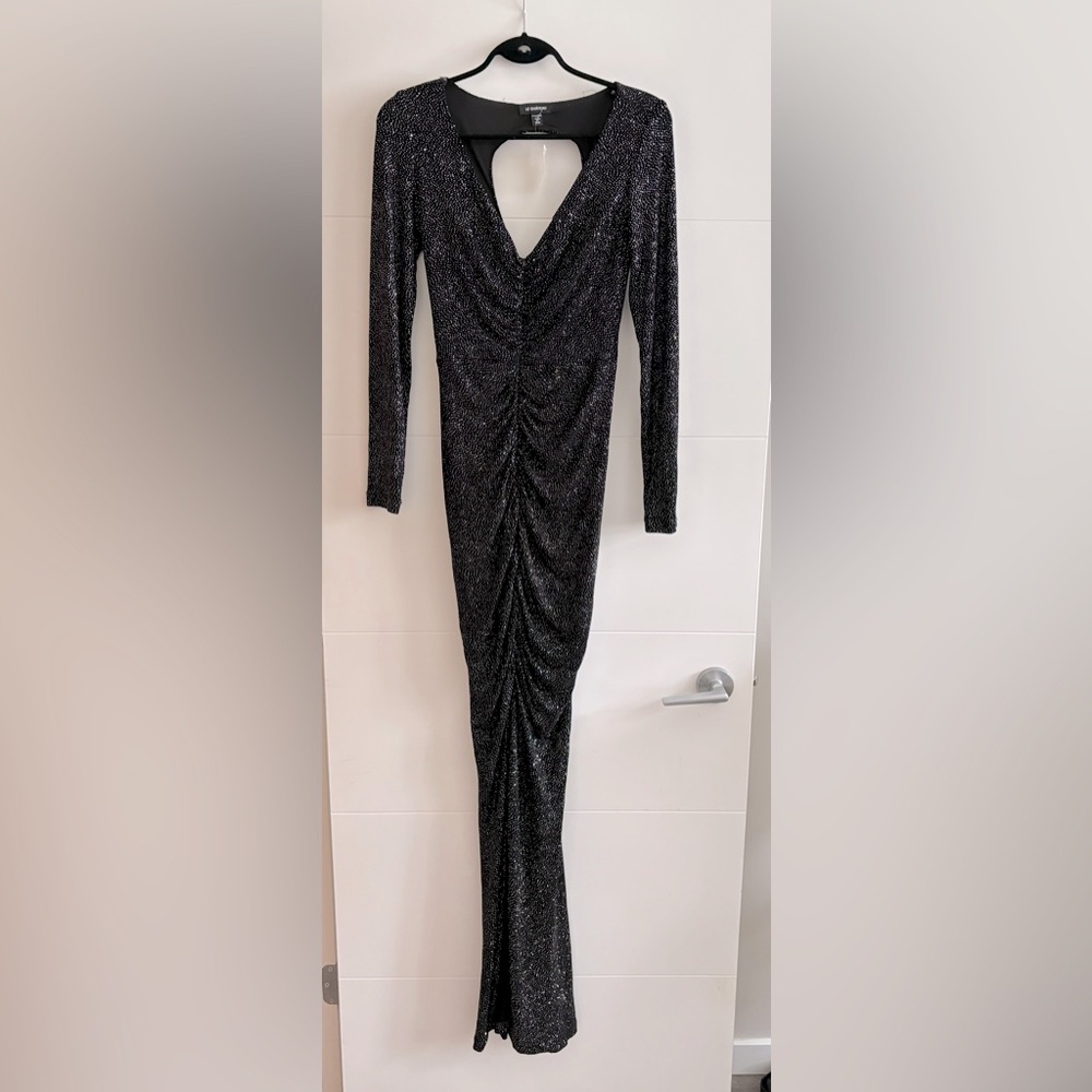 Sparkling Black Floor-Length Gown with Long Sleeves & Cut-Out Back - NWT